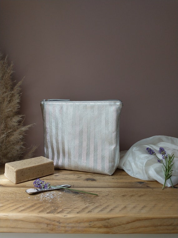 Embossed Herringbone Design, Silver Leather Pouch with Natural Linen Interior, YKK Zip Fastening, Gift, SPA Accessory, Lottie & Jake