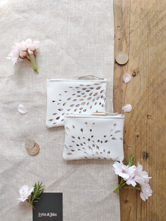Small White and Metallic Leather Coin/Card Pouch, Organic River Inspired Design, Zip Fastening, Gift, Lottie and Jake