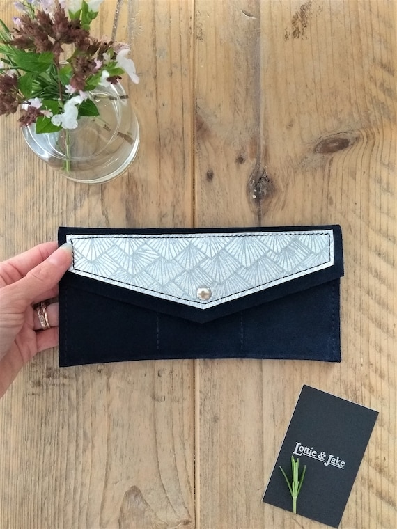 NEW Navy Suede Purse, Silver Leather Panel with Sunburst Design, Press Stud, Three Pockets, Note Pocket, Gift, Birthday, Lottie and Jake