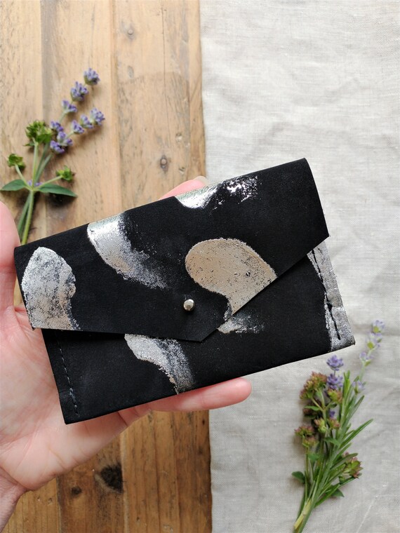 Limited Edition, Black Suede Purse, Metallic Silver Hand Applied Brushstroke Pattern, Sam Browne Stud, One Pocket, Lottie and Jake