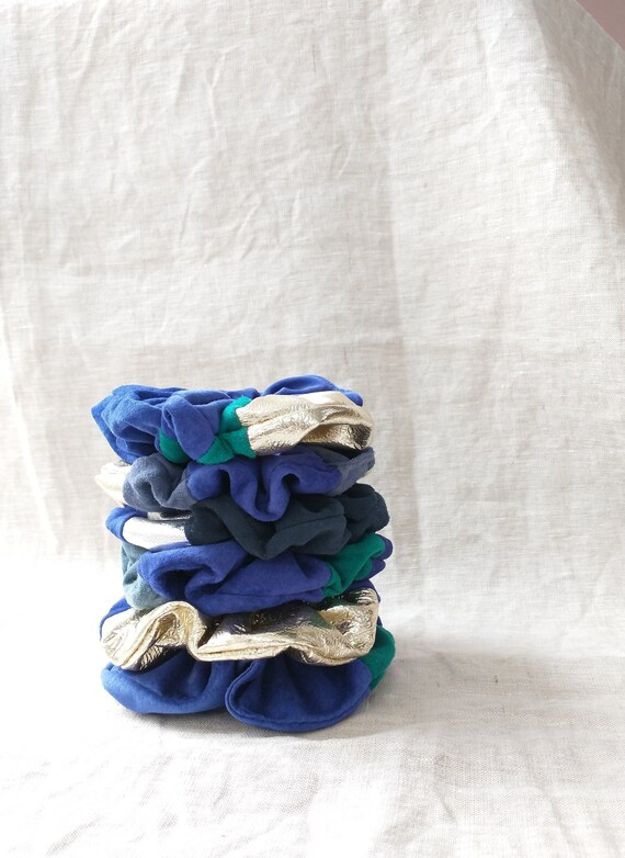 One-off blue collection, soft Suede Scrunchies, Metallic accents, Hair Accessory, Hair Ties, Bobble, Gift, Lottie and Jake
