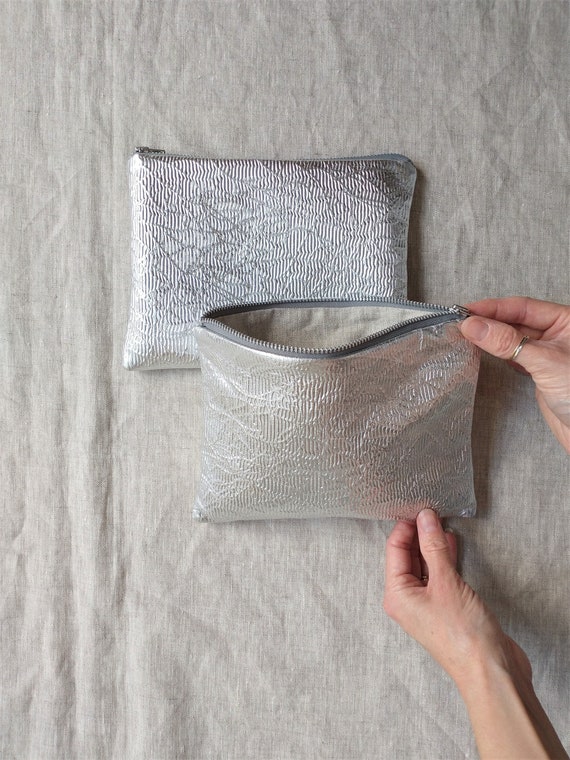 Silver Leather Pouch with Embossed Scribble pattern. Natural Linen Interior, YKK Zip Fastening, Gift, Lottie & Jake
