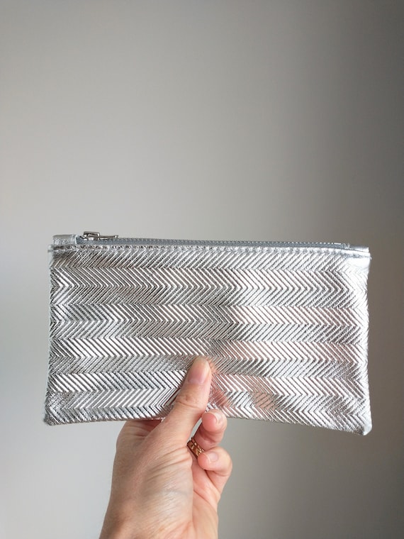 Silver Leather Pouch, Embossed Herringbone Design, YKK Zip fastening, Special Gift, Birthday, Lottie and Jake