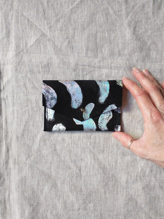 Limited Edition, Black Suede Purse, Holographic Hand Applied Brushstroke Pattern, Sam Browne Stud, One Pocket, Lottie and Jake