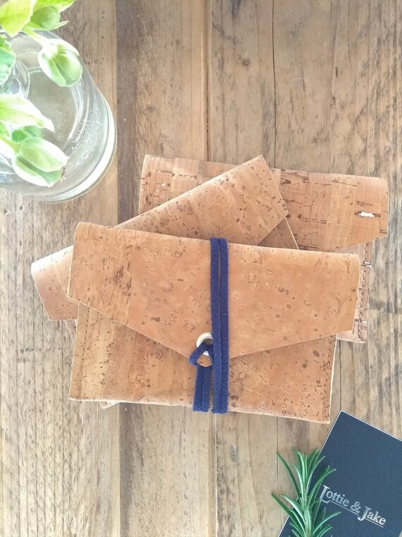 Natural Cork Leather Purse, Navy Faux Suede Tie, Mustard Faux Suede Tie or Silver Press Stud, Eco friendly, Sustainable, Gift, Birthday