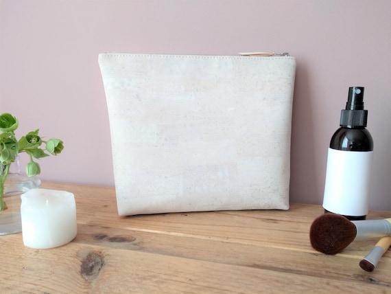 White Cork Wash Bag with Natural linen interior, Zip fastening, Eco friendly, Sustainable, Gift, Birthday