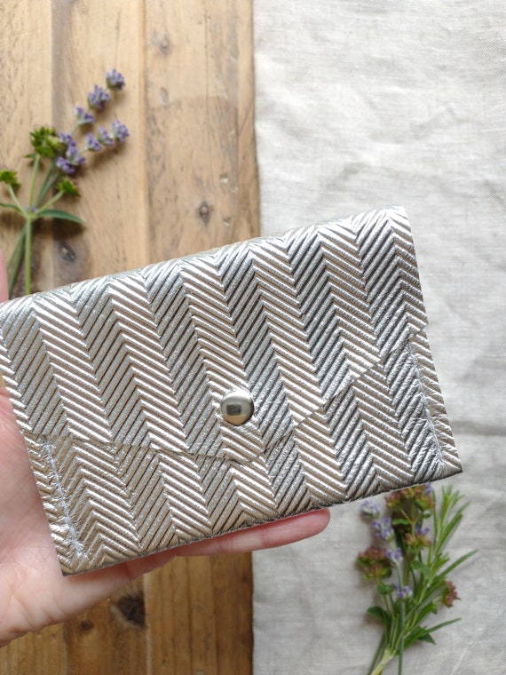 Silver Leather Card Purse, Embossed Herringbone Design, Press Stud Fastening, Two Pockets, Gift, Birthday, Lottie and Jake
