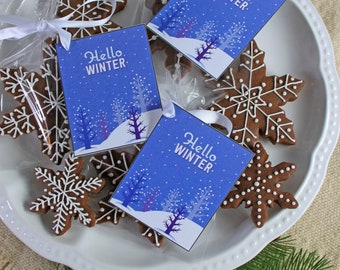 Puede incluir: Un plato blanco con galletas de jengibre en forma de copo de nieve y etiquetas de regalo azules que dicen "Hello Winter".