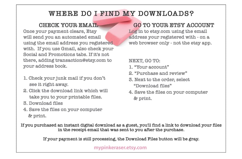 May include: A pink and white eraser with the text "WHERE DO I FIND MY DOWNLOADS?" and "CHECK YOUR EMAIL" on a white background. The text below explains how to find digital downloads on Etsy.