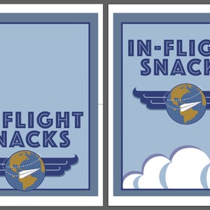May include: Two blue and white posters with the text "IN-FLIGHT SNACKS" in a bold, outlined font. The poster on the right has a globe with a paper airplane circling it and wings on either side. The poster on the right also has a white cloud shape at the bottom.