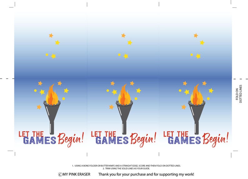 Puede incluir: Una hoja imprimible con tres ilustraciones de antorchas ol&iacute;mpicas con llamas y estrellas. El texto "LET THE GAMES Begin!" se muestra debajo de cada antorcha. El fondo es un degradado de azul.