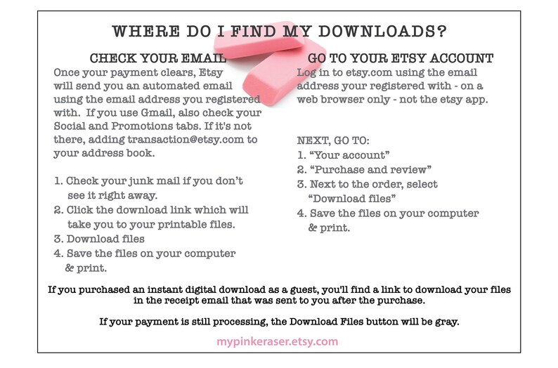 Puede incluir: Un gr&aacute;fico rectangular blanco con el texto "WHERE DO I FIND MY DOWNLOADS?" e instrucciones sobre c&oacute;mo descargar archivos de Etsy. Dos gomas de borrar rosas se colocan en la parte superior del gr&aacute;fico. El gr&aacute;fico incluye el sitio web mypinkeraser.etsy.com.