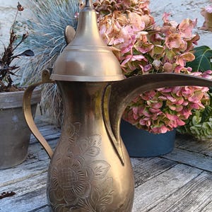 May include: A vintage brass coffee pot with detailed floral engravings. The pot has a long spout, a curved handle, and a decorative finial on the lid. The pot is set against a backdrop of flowers and a weathered wooden surface.