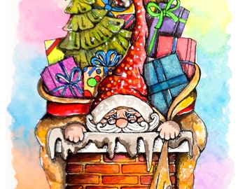 Santa in the Chimney/Art Original/Wall Art/Ink Drawing/Watercolor & Ink/Watercolor Art/Painting/art/Illustration/Christmas/Noel/Santas