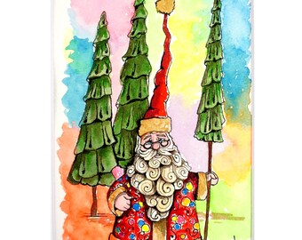 Santa with a tree/Art Original/Wall Art/Ink Drawing/Watercolor & Ink/Watercolor Art/Painting/art/Illustration/Christmas/Noel/Santas