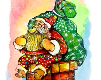 Santa on the Chimney/Art Original/Wall Art/Ink Drawing/Watercolor & Ink/Watercolor Art/Painting/art/Illustration/Christmas/Noel/Santas