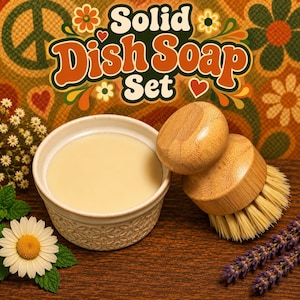 May include: A solid dish soap set featuring a round ceramic bowl filled with light beige soap and a wooden scrub brush with natural bristles. The background displays the text Solid Dish Soap Set in orange and white with floral patterns.