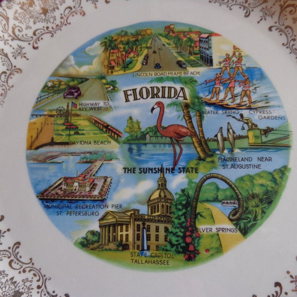 Vintage Souvenir Platte FLORIDA The Sunshine State Retro Travel Souvenir Anziehungskraft Goldfarbe Rand