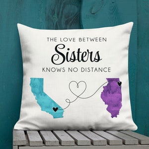 Almohada para hermanas, regalo de mudanza para hermanas, almohada de larga distancia, regalo de mudanza, regalo personalizado para el Día de las Hermanas, mapa personalizado de cada estado
