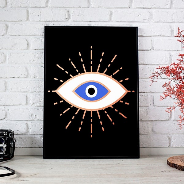 Evil Eye Wall Art, Spiritual Canvas Art, Bohemian Decor, Tribal Print, Rose Gold Evil Eye Wall Art, Geometric Design, Boho Office Art