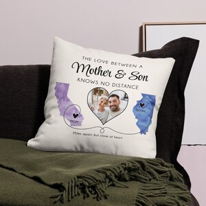 Almohada con foto personalizada de larga distancia para madre e hijo, arte de mapa del estado personalizado para mamá, mudanza o viaje, regalo de inauguración de la casa.