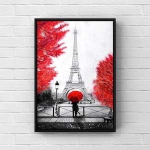 Eiffel Tower Art Print, Romantic Couple Silhouette with Red Umbrella and Trees, Black & White Paris Decor, Modern Wall Art for Home Design