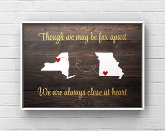 Long Distance Friendship Gift, Far Apart But Close At Heart, Moving Away, Personalized Print, College Going Away Gift For Daughter or Son