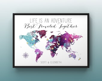 Custom World Travel Print, Anniversary Gift, Adventure Map, Wedding Guestbook Idea, Personalized Couples Gift, Long Distance Relationship