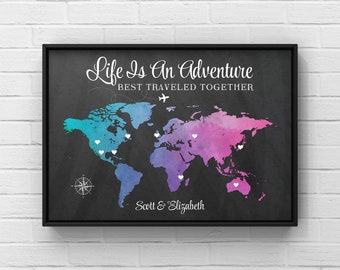 Travel Map Anniversary Gift, Custom World Adventure Print, Wedding Guestbook Idea, Personalized Gift For Couples, Long Distance Relationship