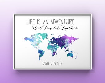 Anniversary Gift Map, Custom Adventure World Travel Print, Personalized Couples Gift, Wedding Guestbook, Long Distance Relationship