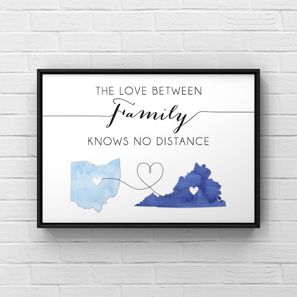 Long Distance Gift, Personalized Maps, Going Away Present, Deployment, Custom Moving Away Gift, Love Between Family, Watercolor State Sign