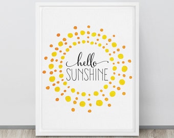 Hello Sunshine Art, Nursery Print, Summer Inspirational Quote, Sunny Happy Vibes, Watercolor Sun Wall Art, Teacher Seasonal Classroom Decor