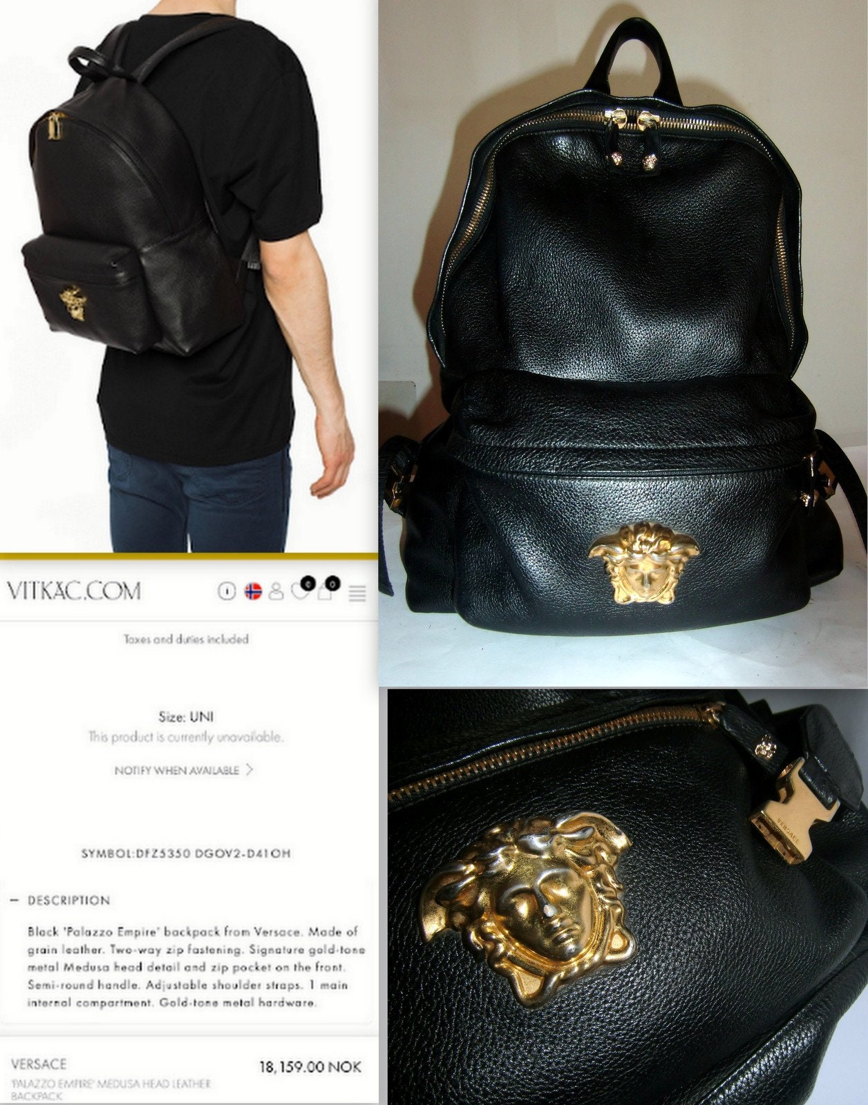 Gianni Versace medusa black leather backpack shoulder bag.