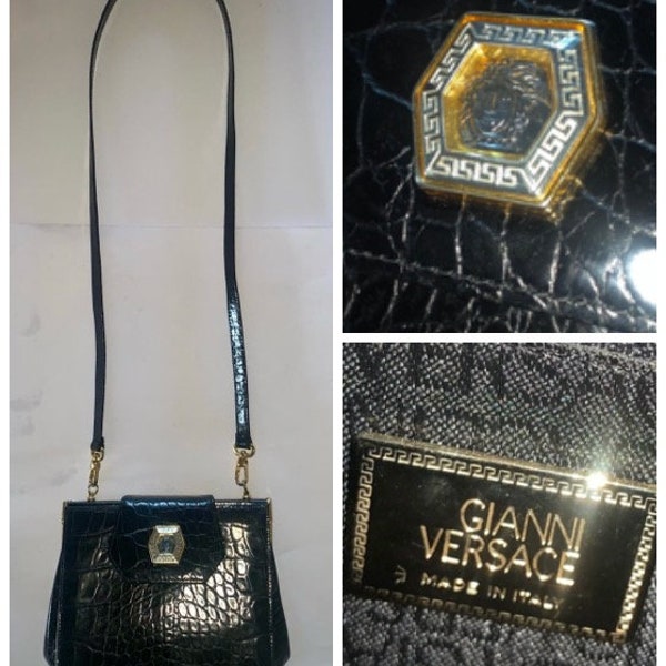 Gianni Versace Medusa Head Black Embossed Leather Small Mini Crossbody Handbag. Rare Vintage 1990s. Never Used. In Excellent Condition.