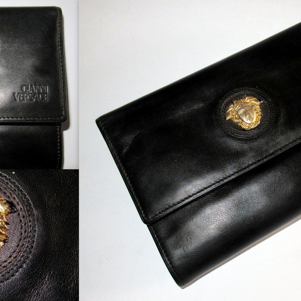 Gianni Versace Gold Medusa Head Darkest Brown Leather Coin Purse Wallet. Rare Vintage 1990s. Carefully Used. In Good Condition.