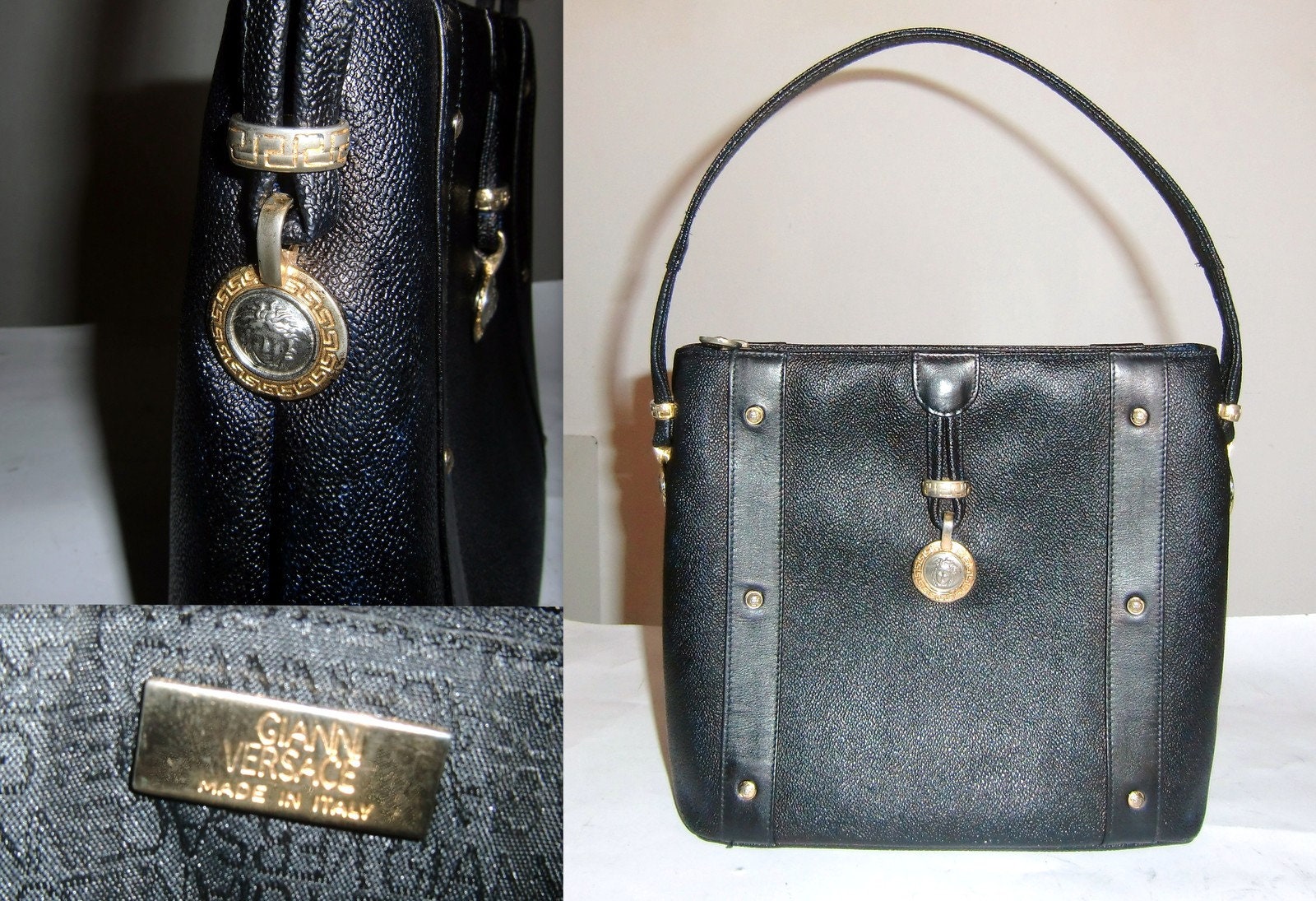 Gianni Versace Couture Vintage Black Drawstring Bucket Bag w/ Medusa Head