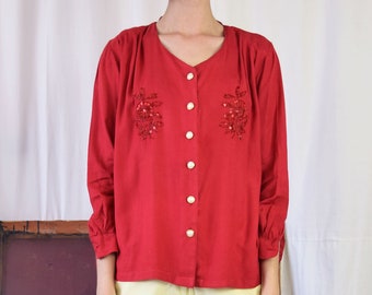 80s red sequined blouse, made of rayon, medium size