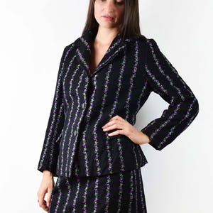 Vintage floral two piece suit, black suit, purple suit, handmade suit, wool suit, medium, large size, embroidered suit, retro suit