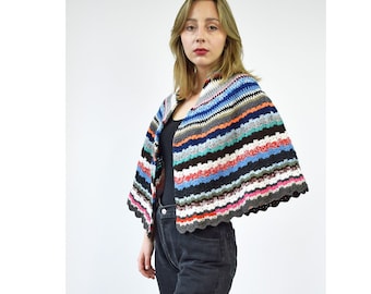 Vintage colorful crochet shawl, winter cover up, warm crochet poncho