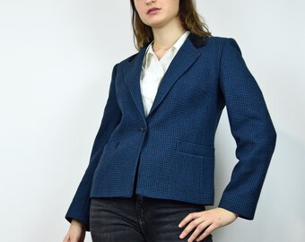 Dark Blue Plaid Blazer With Velvet Collar Checkered Jacket 70s Jacket Blue Button Up 1970s Tartan Jacket Vintage Retro Tailored Preppy Small