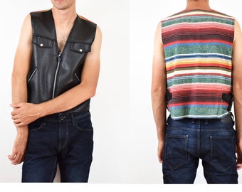 Vintage black vest, faux leather vest, Rock style leather vest man size medium