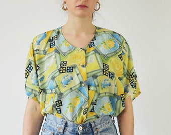 Vintage 80s print blouse, still life blouse, large size