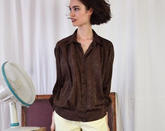 Vintage jaren '80 bruine glanzende blouse, groot formaat