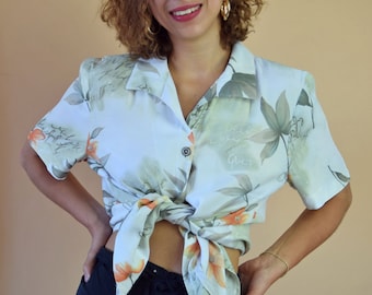 Vintage short sleeved floral print shirt, 90s colorful blouse, medium size