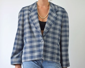 Vintage blue plaid blazer, 80s oversized wool blazer with padded shoulders, large size