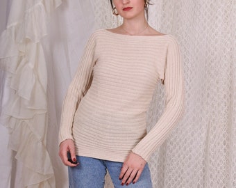 Beige Cotton Sweater Textured 90s Knit Jumper Simple Minimalist Sweater Vintage Pullover 1990s Medium