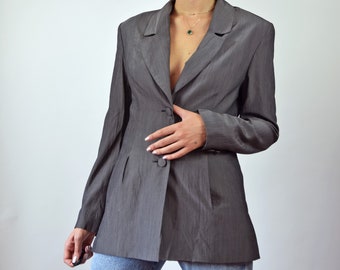 Silver Gray Blazer Jacket 90s Y2K Office Secretary Formal Elegant Vintage Women Layering Jacket Lightweight Medium