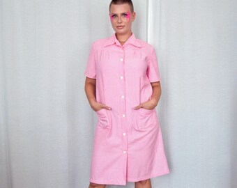 Abito a camicia a righe vintage, abito plus size, 1980s Button Up Dress abito rosa grande taglia Segretaria 1980