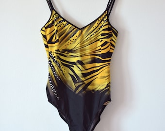 maillot de bain vintage jaune et noir, maillot de bain une pièce des années 80, taille moyenne, tasse C