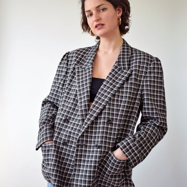 Blazer à carreaux Vintage, Blazer en laine surdimensionné avec épaules rembourrées, grande taille